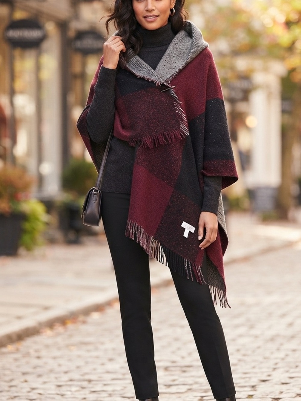 Ecote Burgundy and Gray Fringe Wrap Poncho